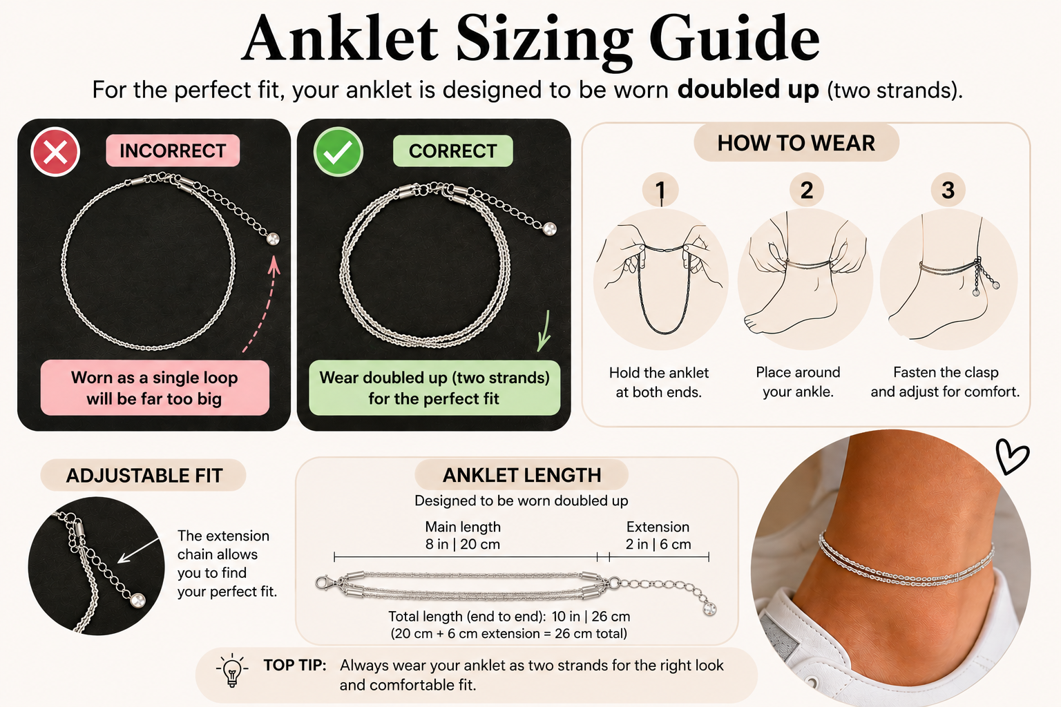 Four-step guide: hold each end, wrap around, clip into desired slot, ready to wear